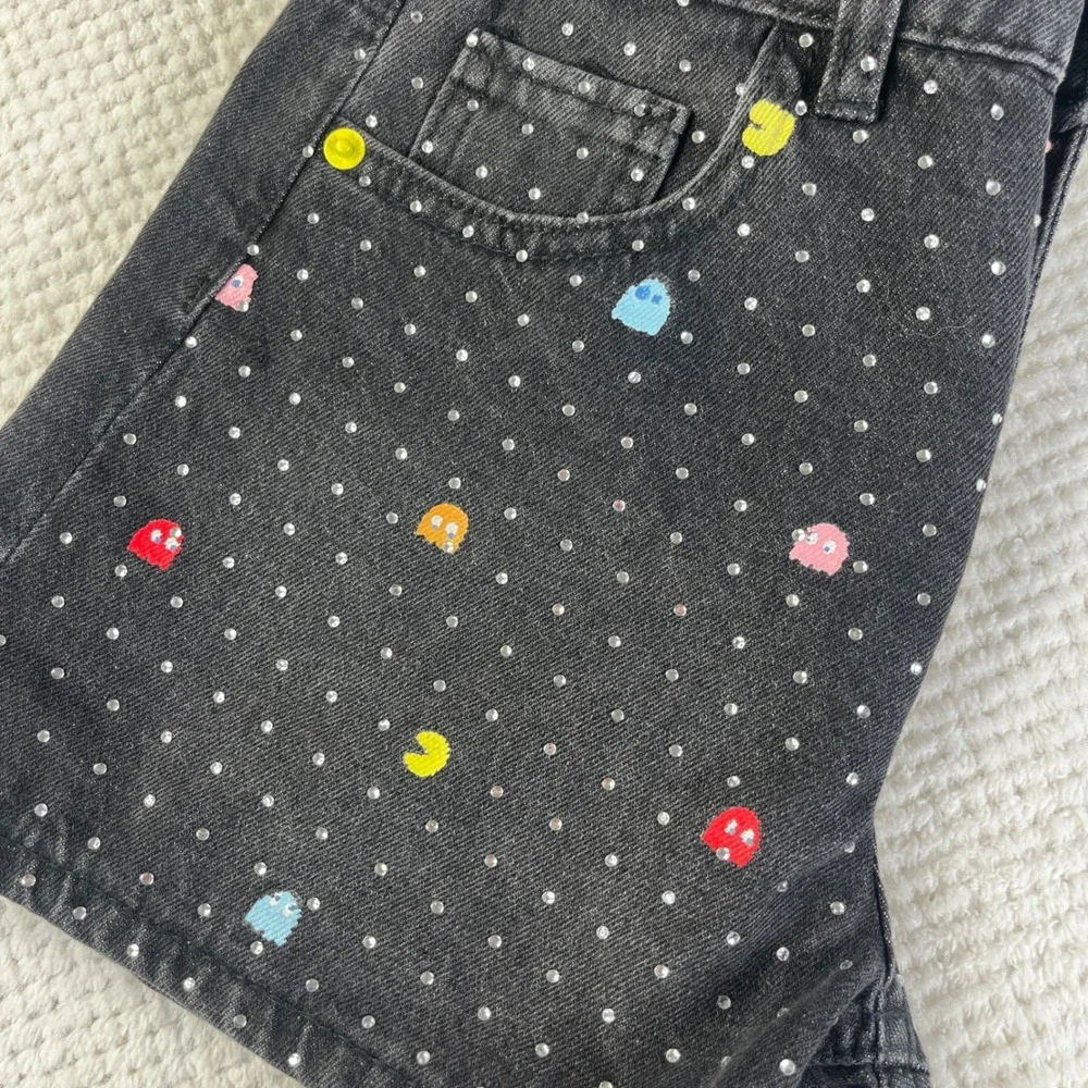 Justice Pac-Man Girls Black Denim Rhinestone Shorts Size 14 Retro Gaming Graphic